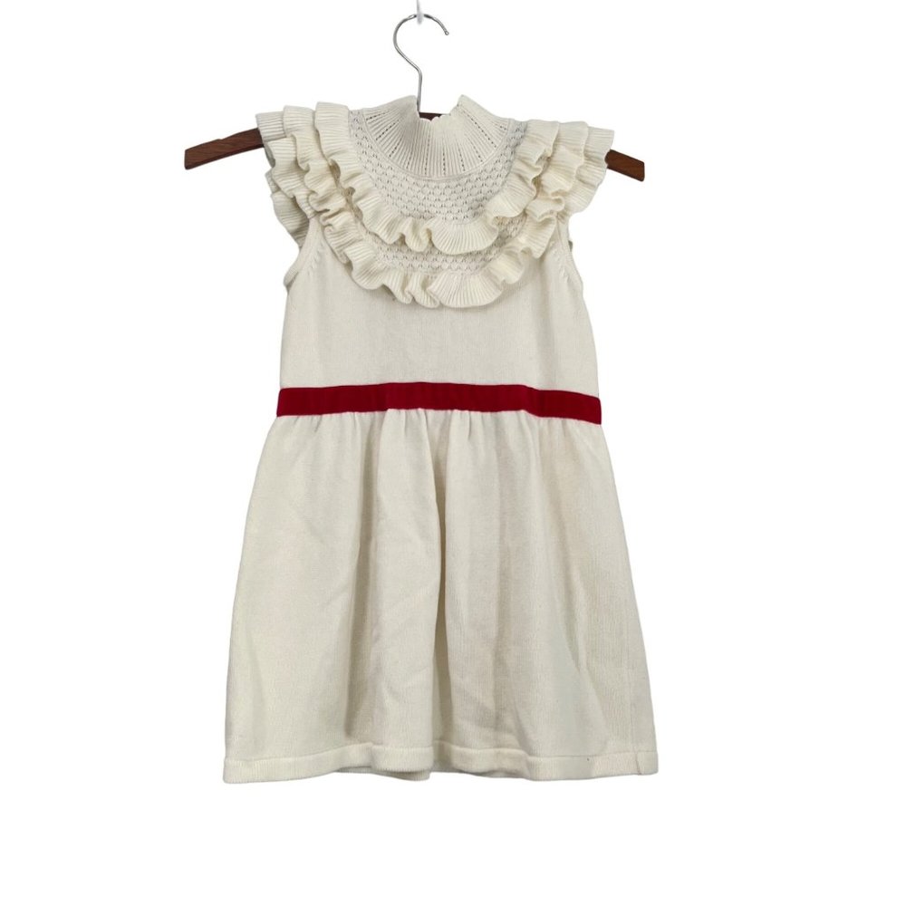 Janie Jack Girls Ivory Ruffle Red Velvet Ribbon Waist Knit Dress Size 4